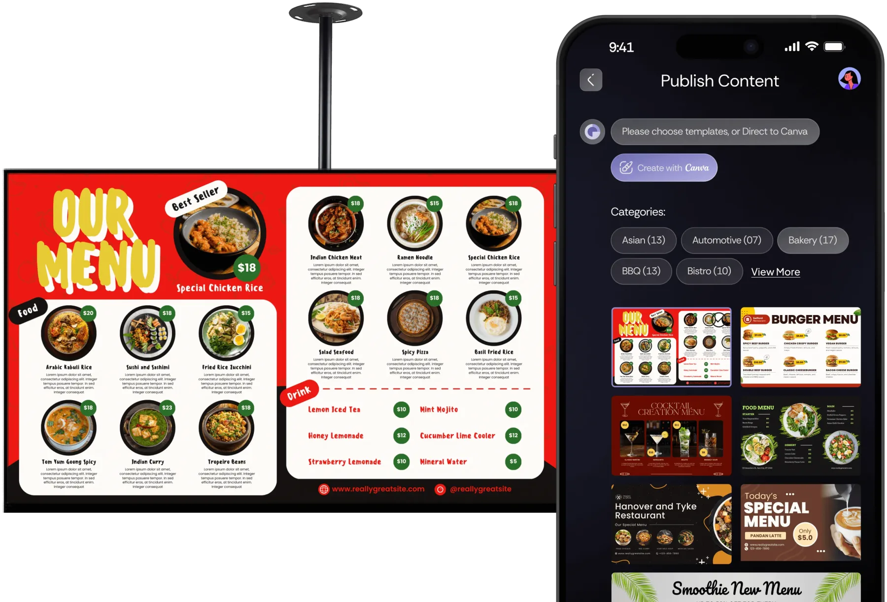 A wall-mounted TV playing a vivid restaurant menu board, beside a phone running the Eazy Signage publish flow with ready-made menu templates